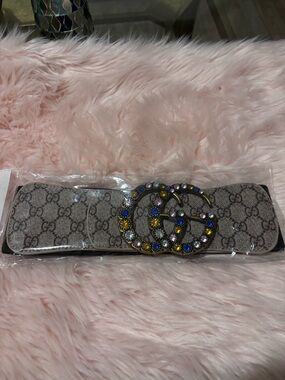 Source Unknown Beige Monogram Elastic Belt with Jeweled Double G Buckle